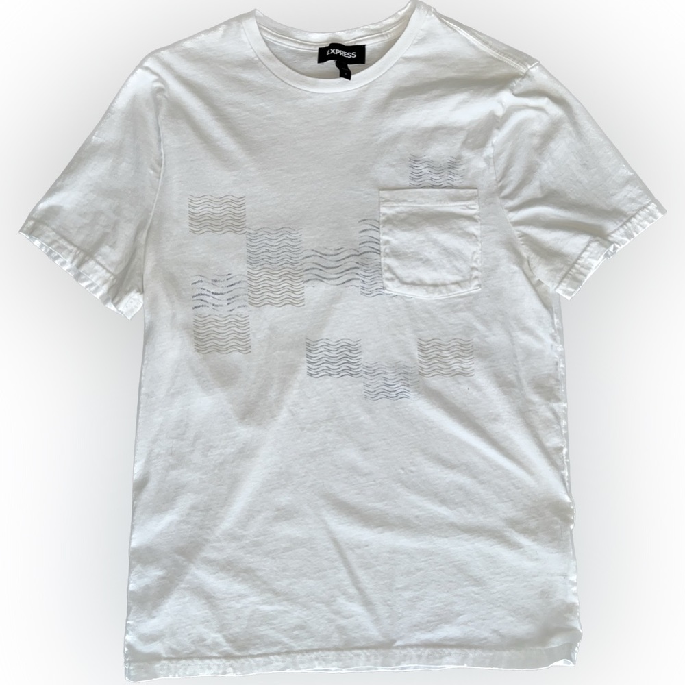 Express t shirt in white with graphic and pocket on the front.